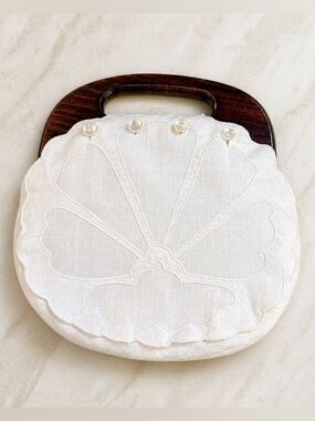Vintage La LANTHE Wood Handle Handbag | French Linen Embroidered | Pearl Accent